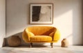 Vibrant yellow velvet loveseat sofa against beige stucco wall with art poster frame. Rustic interior design of modern living room
