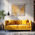 Vibrant yellow velvet loveseat sofa against beige stucco wall with art poster frame. Rustic interior design of modern room