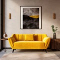 Vibrant yellow velvet loveseat sofa against beige stucco wall with art poster frame. Rustic interior design of modern room
