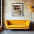 Vibrant yellow velvet loveseat sofa against beige stucco wall with art poster frame. Rustic interior design of modern room