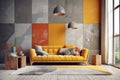 Vibrant yellow velvet sofa against of colorful tiles wall paneli