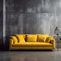 Vibrant yellow velvet sofa against of concrete wall