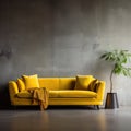 Vibrant yellow velvet sofa against of concrete wall