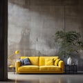 Vibrant yellow velvet sofa against of concrete wall