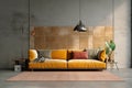 Vibrant yellow velvet sofa against of concrete wall with matte b