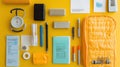Yellow workspace setup with stationery, medical tools, and a notebook on a bright background Royalty Free Stock Photo