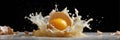 Yolk Splashes Dramatically in Mid-Air Above the Shattered Shell on a Clean, White Surface Against a Dark Backdrop Royalty Free Stock Photo