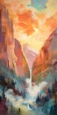 Vibrant Yosemite Mountains Waterfall Painting By Adam Shavitt In Steve Henderson Style