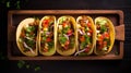 Vibrant And Zany Taco Slices On Wooden Tray