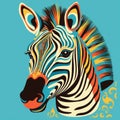 Colorful Zebra Head On Blue Background: Folk-inspired Illustration