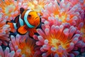 Vibrantly Colored Clownfish Swimming Amongst Lush Pink Sea Anemones in a Serene Underwater Landscape Royalty Free Stock Photo