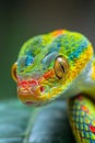 Vibrantly colored green tree python resting on a leaf in natural habitat Royalty Free Stock Photo