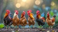 Vibrantly colored hens pecking in the lively farmyard dust, showcasing their beautiful plumage