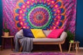 vibrantly colored mandala tapestry draped on a wall