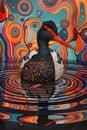 Vibrantly Colored Surreal Artwork with Northern Shoveler Duck Floating in Psychedelic Space Themed Waterscape