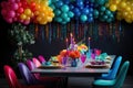 A vibrantly decorated dining setup, glowing in bright neon hues, creating an ambiance of festivity, perfect for