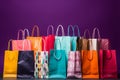 Vibrantly hued shopping bags stand out against a sleek black background Royalty Free Stock Photo