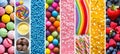 Vibrantly illuminated collage of assorted candy products, elegantly divided by white vertical lines