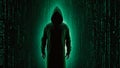 vibrantly lit image of a cascade of green binary code, forming the silhouette of a hacker in a hoodie