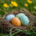 Vibrantly speckled Easter eggs nestled in a natural nest among green grass and yellow flowers depict the lively essence