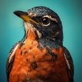 Vibrantly Surreal American Robin Portrait On Blue Background