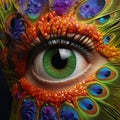 Vibrantly Surreal Close-up: Kiwi With Peacock Feathers And Floral Makeup