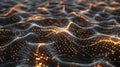 Vibrating field of energy. Dark wavy texture with golden lines, lights, and sparkling particles. Dynamic, flowing, smooth abstract