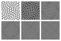Vibrating seamless patterns set. Optical art black and white fabric swatches design