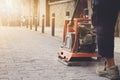 Vibratory plate construction site. Construction workers installing and arranging precast concrete pavers stone Royalty Free Stock Photo