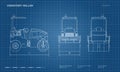 Vibratory roller in outline style. Side, back and front view. Industrial drawing of asphalt compactor. Blueprint