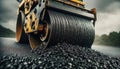 vibratory roller pressing and smoothing the fresh asphalt. Generative AI