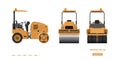 Vibratory roller in realistic style. Side, back and front view. Building machinery 3d image. Industrial isolated drawing