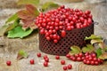 Viburnum berries in a bowl on a wooden background closeup. Royalty Free Stock Photo