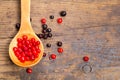 Viburnum and black currant on wooden background Royalty Free Stock Photo