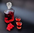 Viburnum liqueur, strong homemade alcohol and a branch of ripe berries on a black background Royalty Free Stock Photo