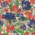Viburnum rowan elderberry red blue berry seamless vector pattern background. Autumn floral fruit bouquet Royalty Free Stock Photo
