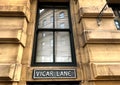 Vicar Lane street sign, affixed to Victorian Yorkshire Stone in, Little Germany, Bradford, UK