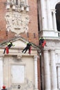 Vicenza, Italy - December 4, 2015: brave firefighters climb th