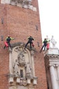 Vicenza, Italy - December 4, 2015: three brave firefighters cl