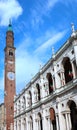 Vicenza, VI, Italy - June 1, 2020: Italian Flags and the Monument called BASILICA PALLADIANA with tower