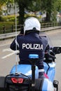 Vicenza, VI, Italy - October 9, 2022: policeman motorcyclist and text POLIZIA which means POLICE in Italian Royalty Free Stock Photo