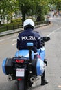 Vicenza, VI, Italy - October 9, 2022: policeman motorcyclist and text POLIZIA which means POLICE in Italian Royalty Free Stock Photo