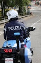 Vicenza, VI, Italy - October 9, 2022: biker policeman on motorcycle with text POLIZIA which means POLICE in Italian Royalty Free Stock Photo