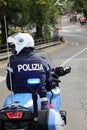 Vicenza, VI, Italy - October 9, 2022: biker policeman and text POLIZIA which means POLICE in Italian Royalty Free Stock Photo