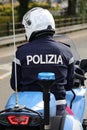 Vicenza, VI, Italy - October 9, 2022: policeman motorcyclist and text POLIZIA that means POLICE in Italian Royalty Free Stock Photo