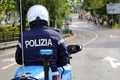 Vicenza, VI, Italy - October 9, 2022: policeman motorcyclist and text POLIZIA which means POLICE in Italian Royalty Free Stock Photo