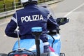 Vicenza, VI, Italy - October 9, 2022: policeman motorcyclist and text POLIZIA which means POLICE in Italian Royalty Free Stock Photo