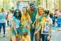 VICHUGA, RUSSIA - JUNE 17, 2018: Festival of colors Holi. Group of happy people in paint