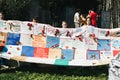 VICHUGA, RUSSIA - MAY 9, 2018: Banner with the names of participants of second world war on victory day