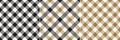 Vichy pattern set in gold brown, black, white for autumn winter. Seamless gingham vector for cotton shirt, skirt, scarf, towel.